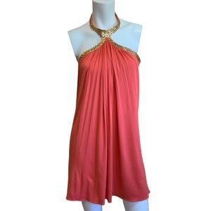 Sky Woven Gold Halter Coral Mini Dress sz M